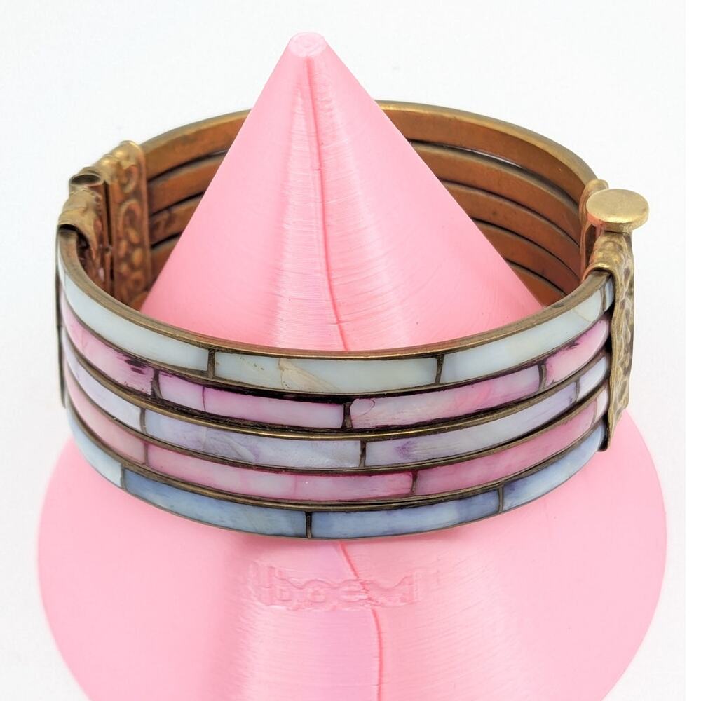 Brass Tone Hinged Cuff Bracelet White Pink Blue Panel Statement Boho 6.5